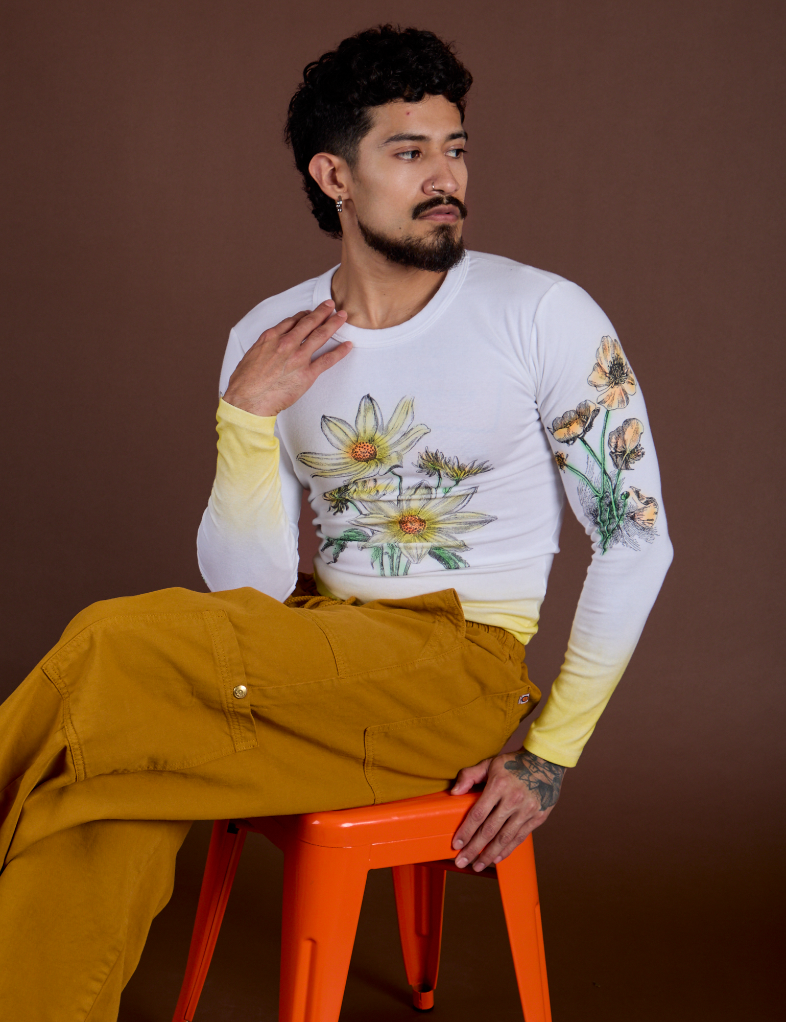 Floral Long Sleeve Baby Tee in Yellow and spicy mustard Drop Pocket Cargo Pants worn by Jesse