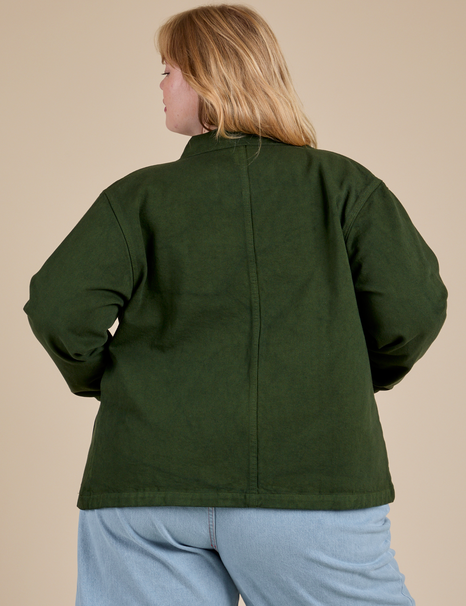 Denim Work Jacket in Evergreen back view on Juliet