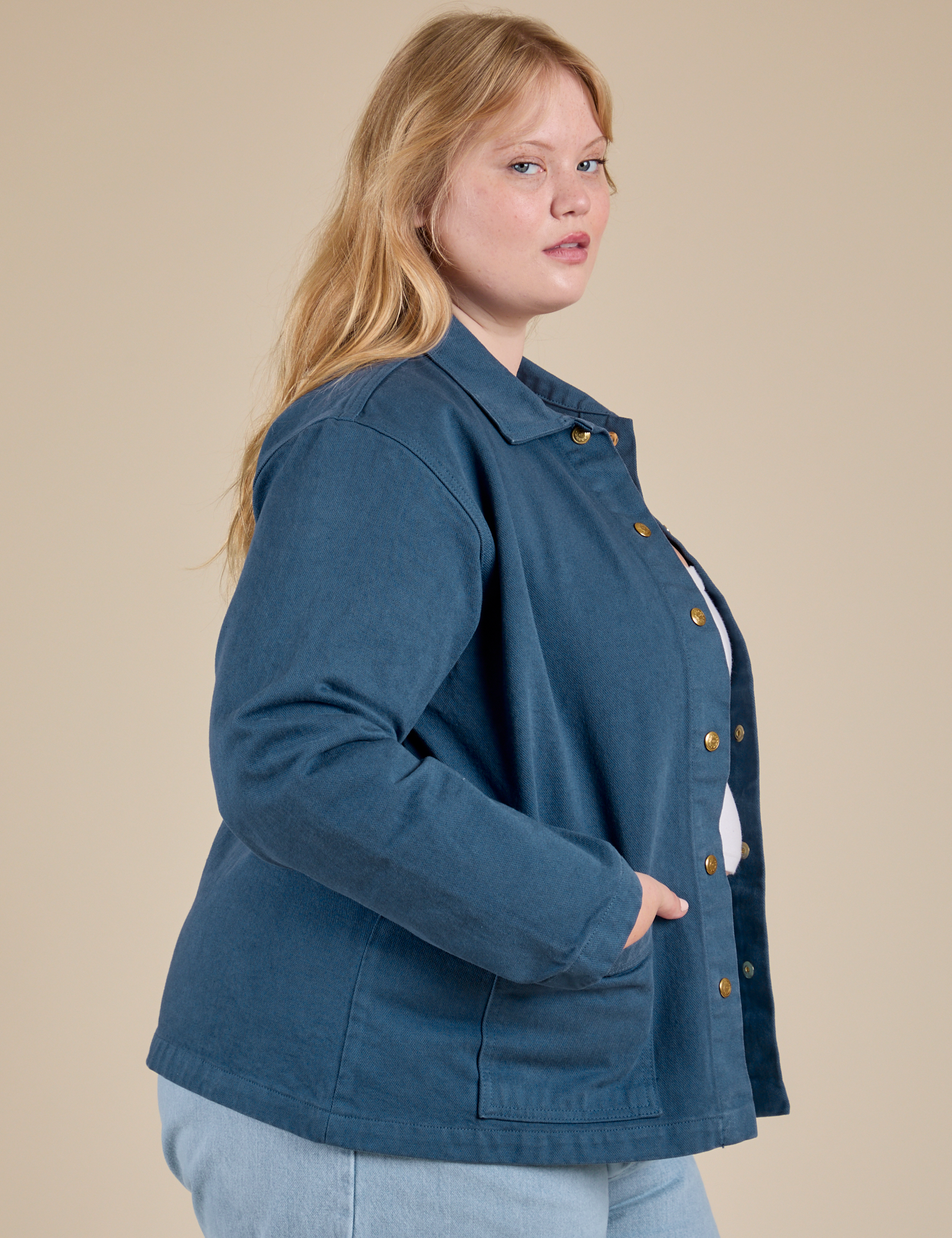 Side view of Denim Work Jacket in French Blue on Juliet