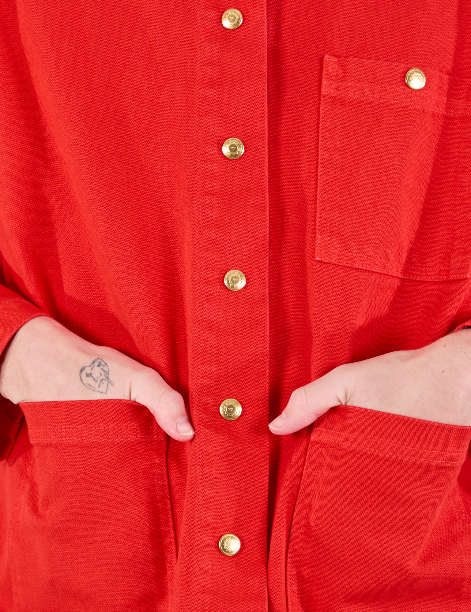 Denim Work Jacket in Mustang Red front close up on Quinn