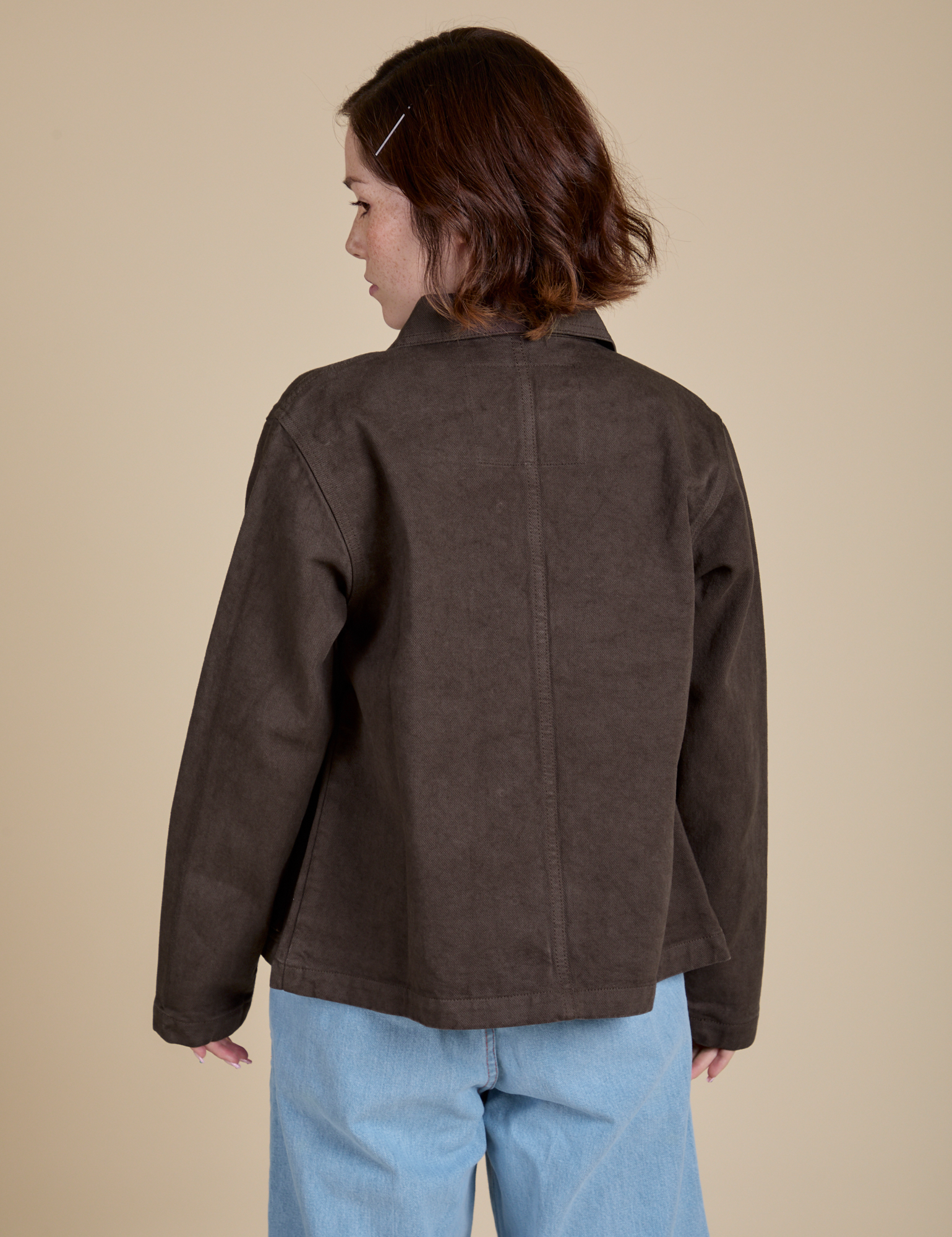 Denim Work Jacket in Espresso Brown back view on Hana
