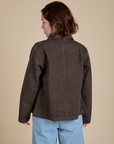 Denim Work Jacket in Espresso Brown back view on Hana