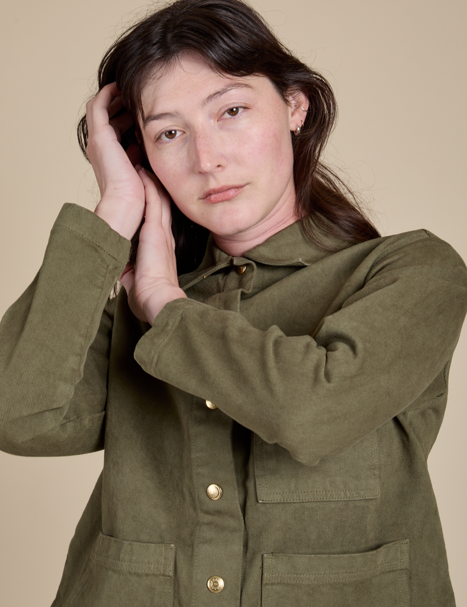 Denim Work Jacket in Surplus Green front close up on Alex