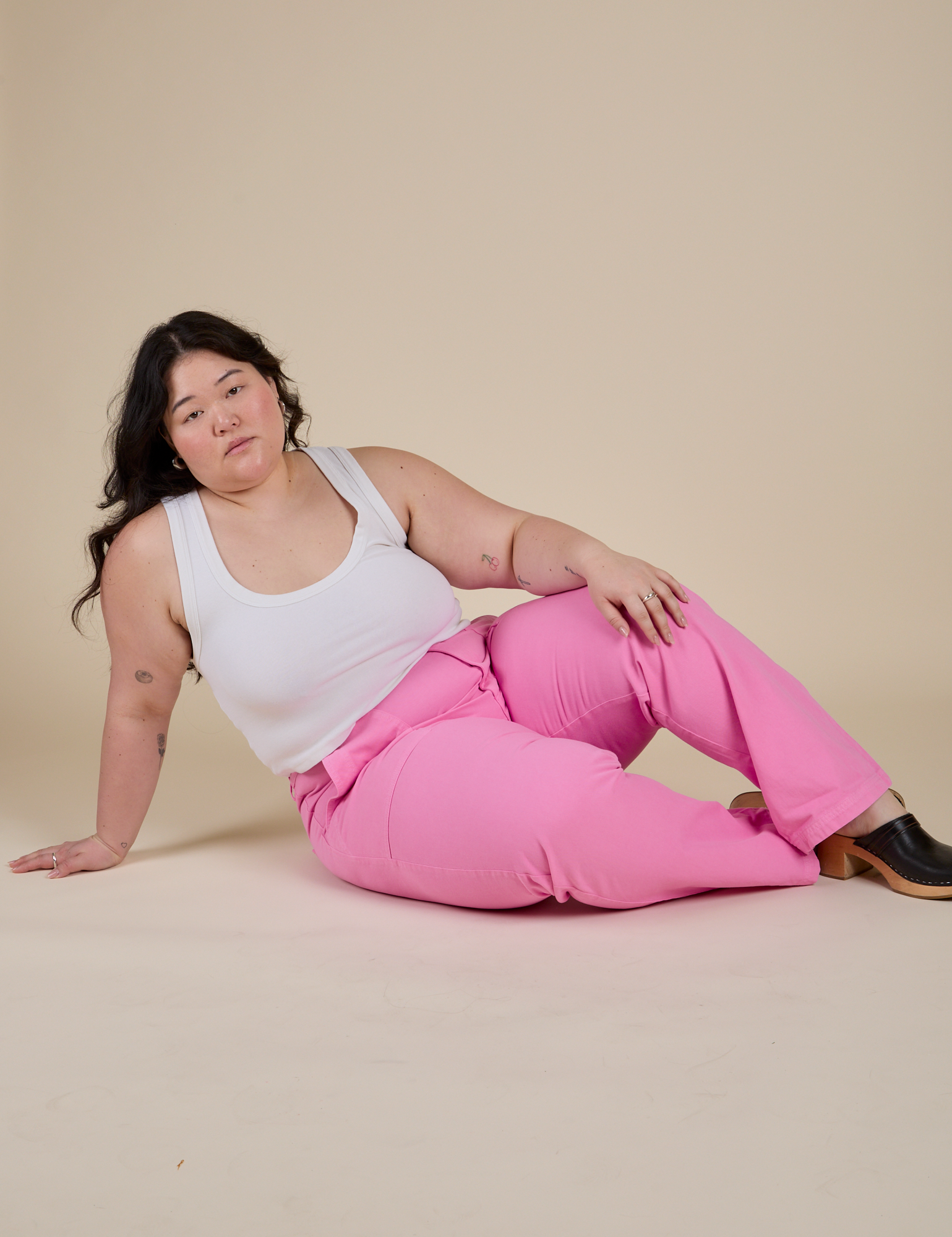Work Pants in Bubblegum Pink and vintage tee white Cropped Tank worn by Ashley