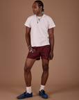 Jerrod is 6'3" and wearing M Classic Work Shorts in Red Wine paired with Organic Vintage Tee in Vintage Off White