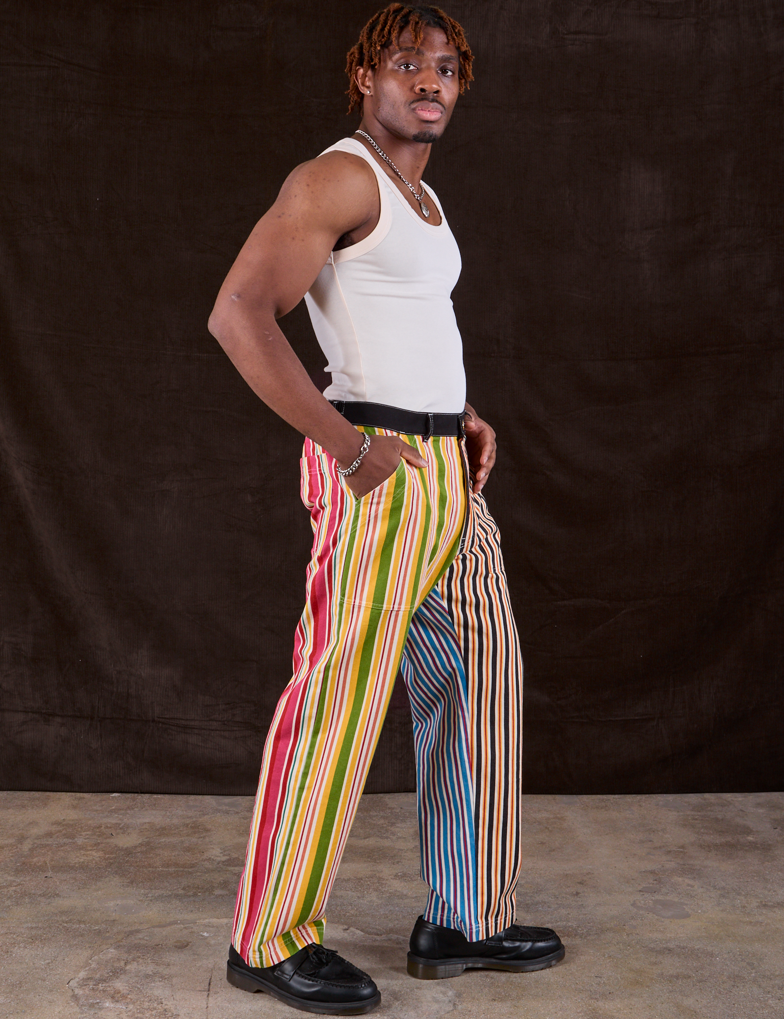 Mixed Stripe Work Pants side view on Isaac