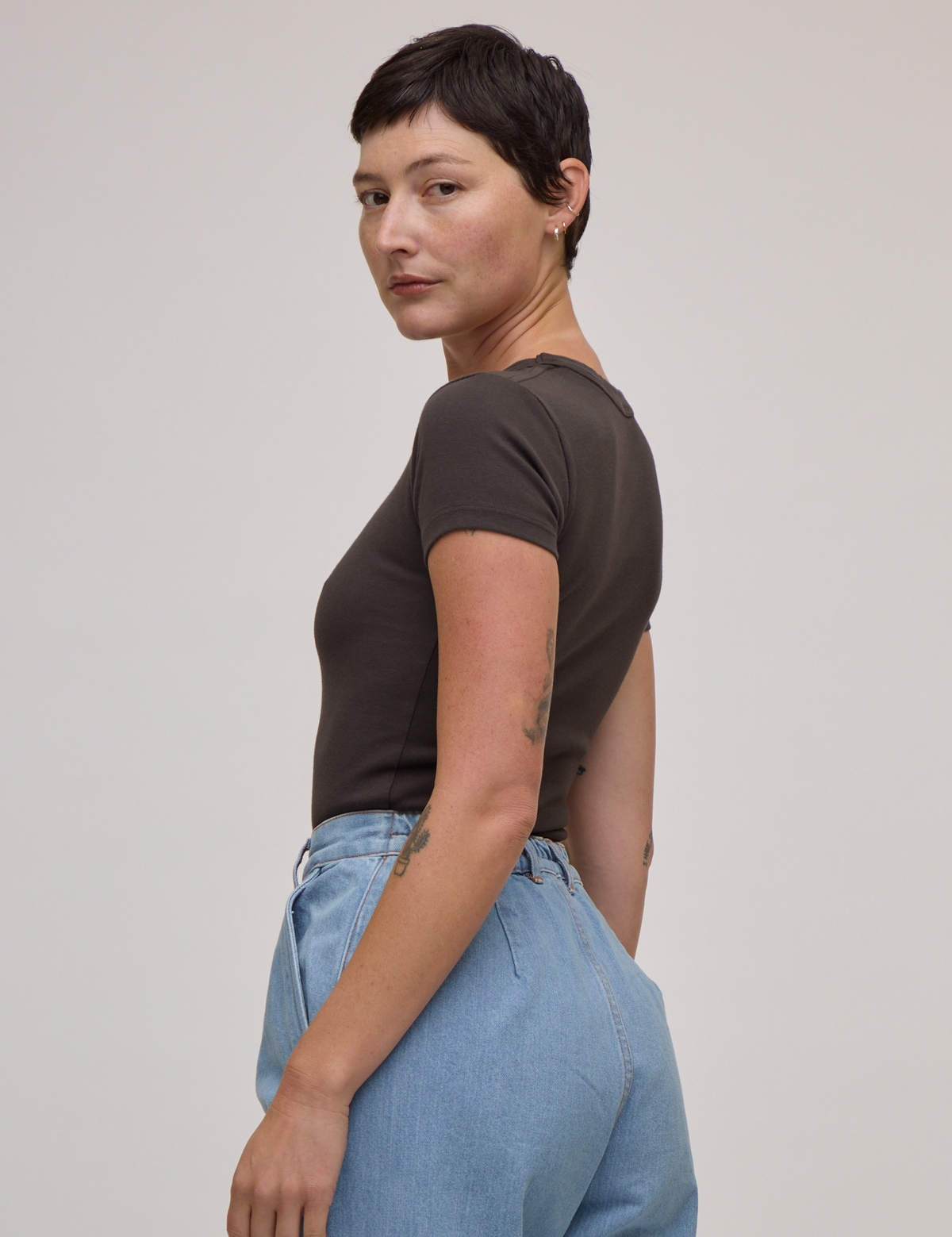 Side view of Baby Tee in Espresso Brown on Alex