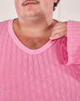 Front close up of Bell Sleeve Top in Bubblegum Pink worn by Sam