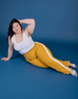 Painted Work Pants in Mustard Yellow and Cropped Tank in Vintage Tee White on Ashley