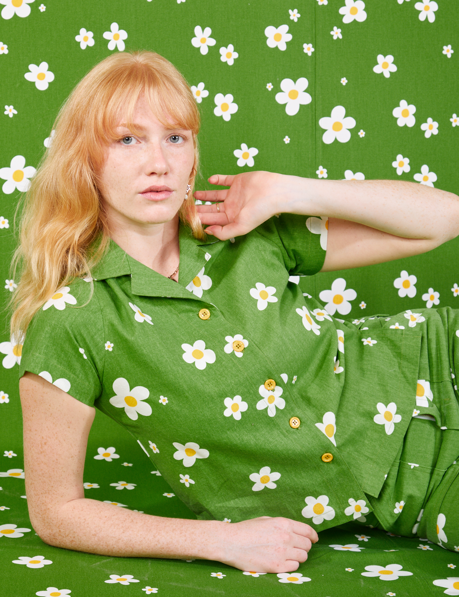 Margaret is wearing Pantry Button-Up in Bob Baker Flower