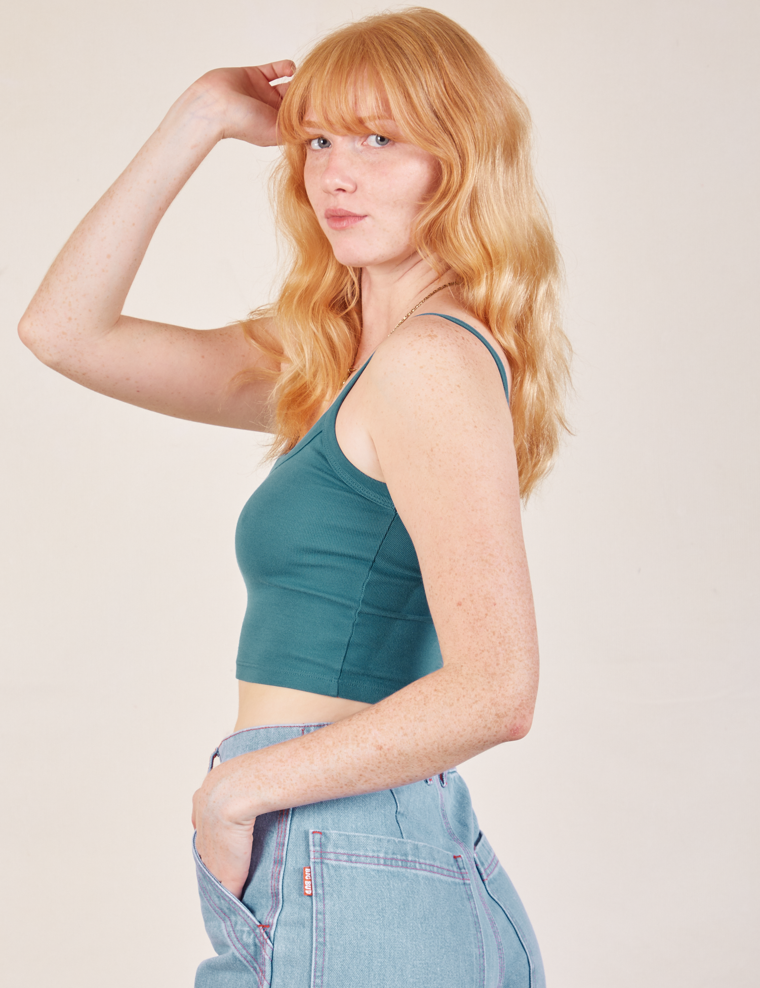 Cropped Cami in Marine Blue side view on Margaret