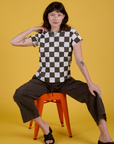 Checker Organic Tee in Espresso Brown and Drop Pocket Cargo Pants worn by Alex