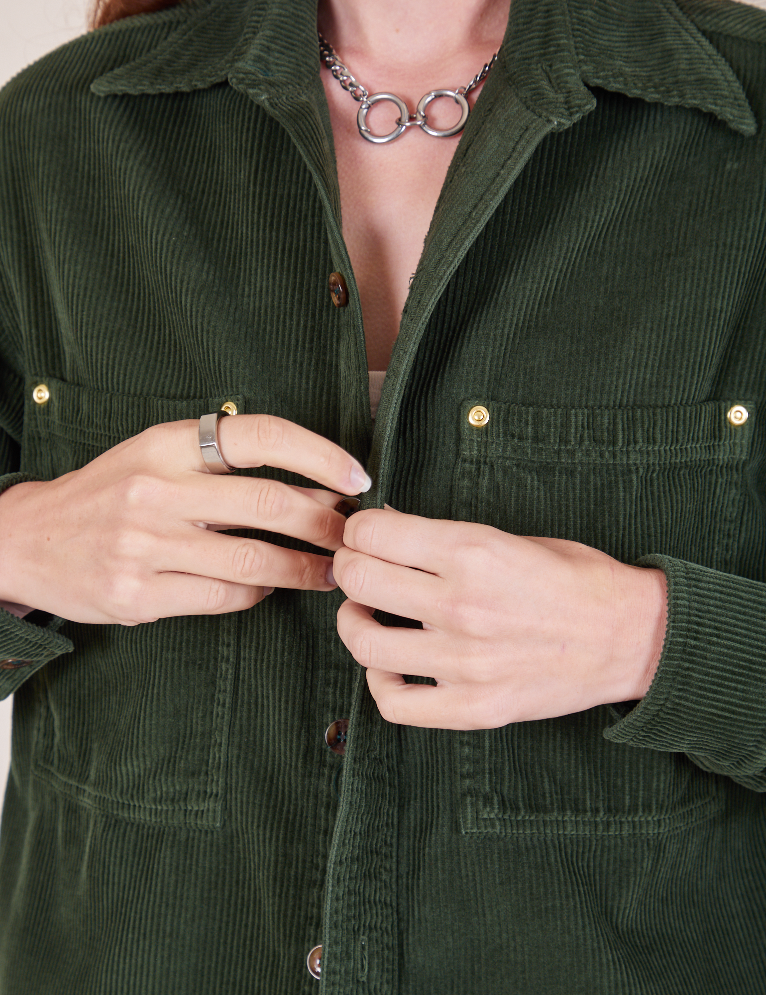 Corduroy Overshirt in Swamp Green front close up on Alex