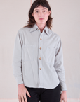 Alex is 5'8" and wearing P Cropped Overshirt in Stone White