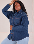 Denim Overshirt in Dark Wash side view on Meghna