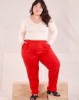 Ashley is 5'7" and wearing 0XL Easy Pants in Mustang Red paired with a vintage tee off-white Wrap Top