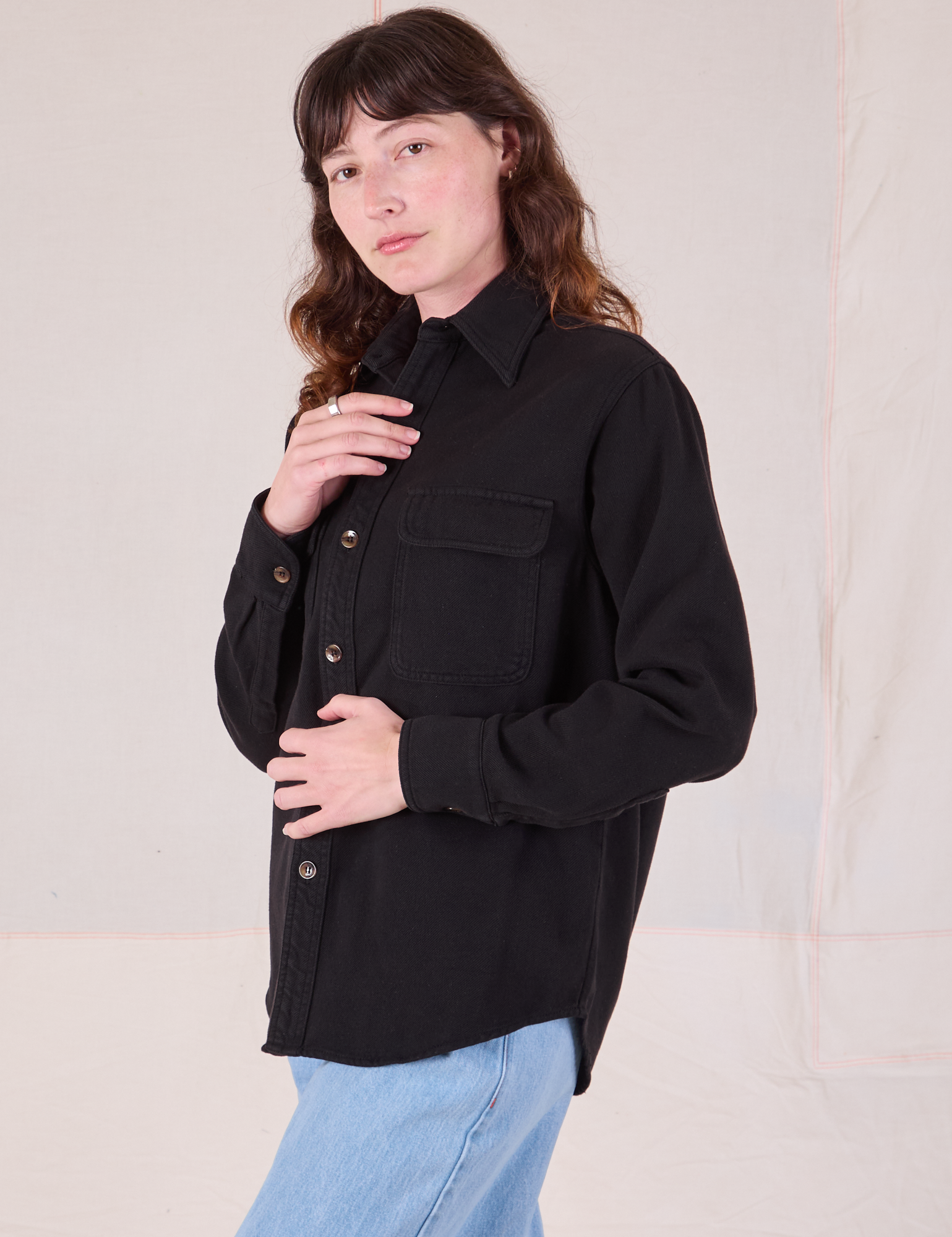 Flannel Overshirt in Basic Black angled front view on Alex