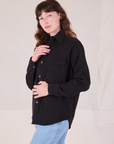 Flannel Overshirt in Basic Black angled front view on Alex