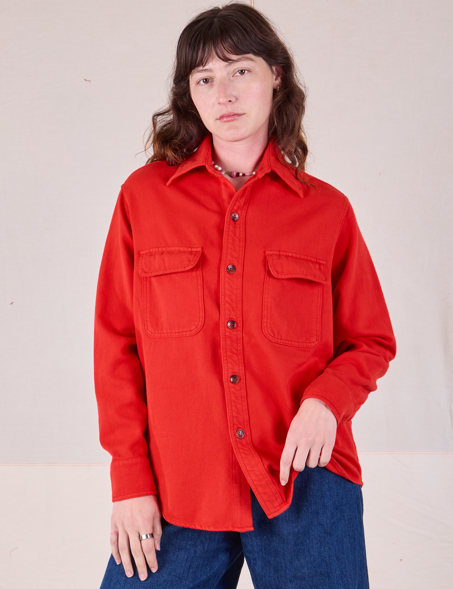 Flannel Overshirt in Mustang Red worn by Alex