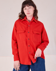 Flannel Overshirt in Mustang Red worn by Alex