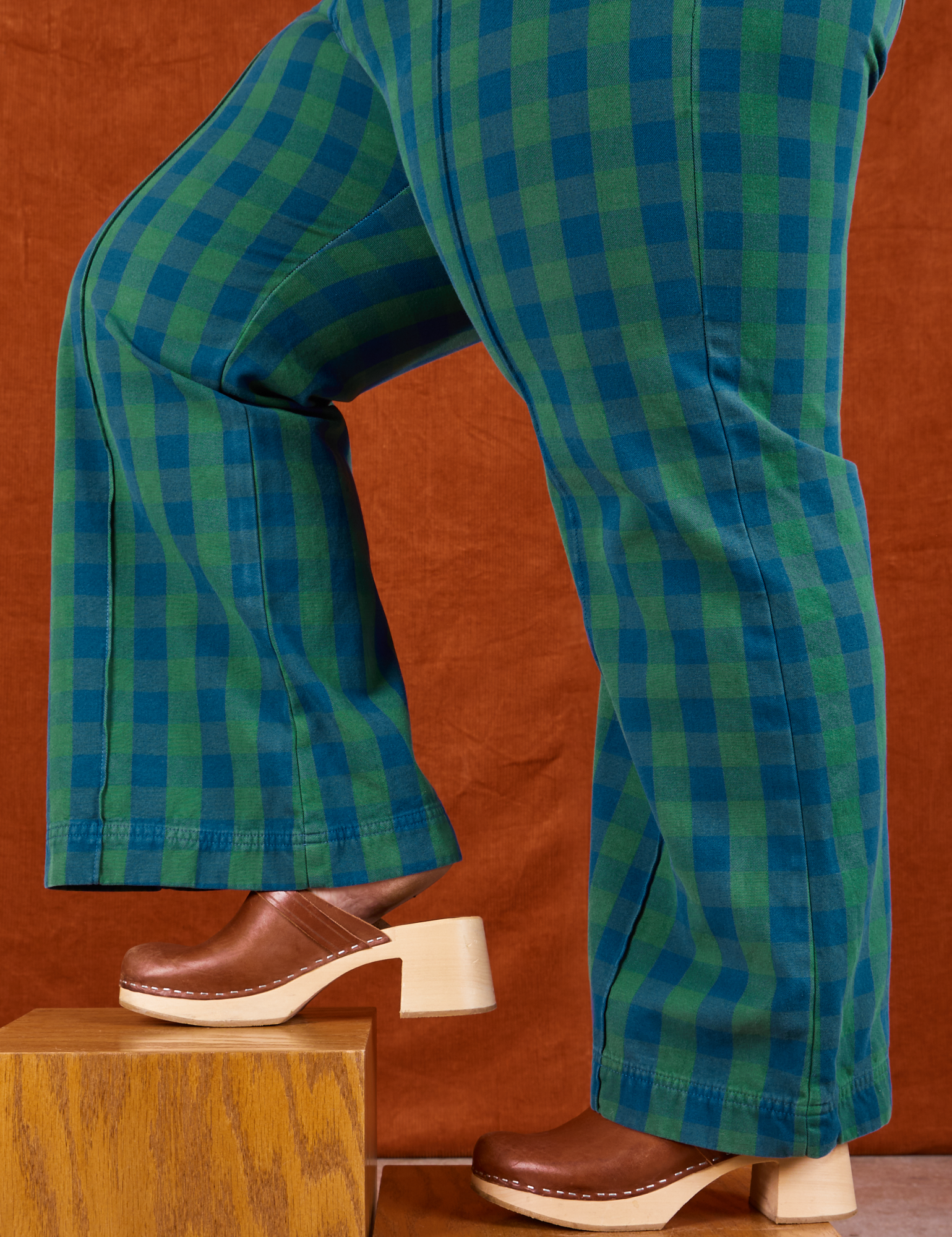 Gingham Western Pants in Green pant leg side view close up on Ashley