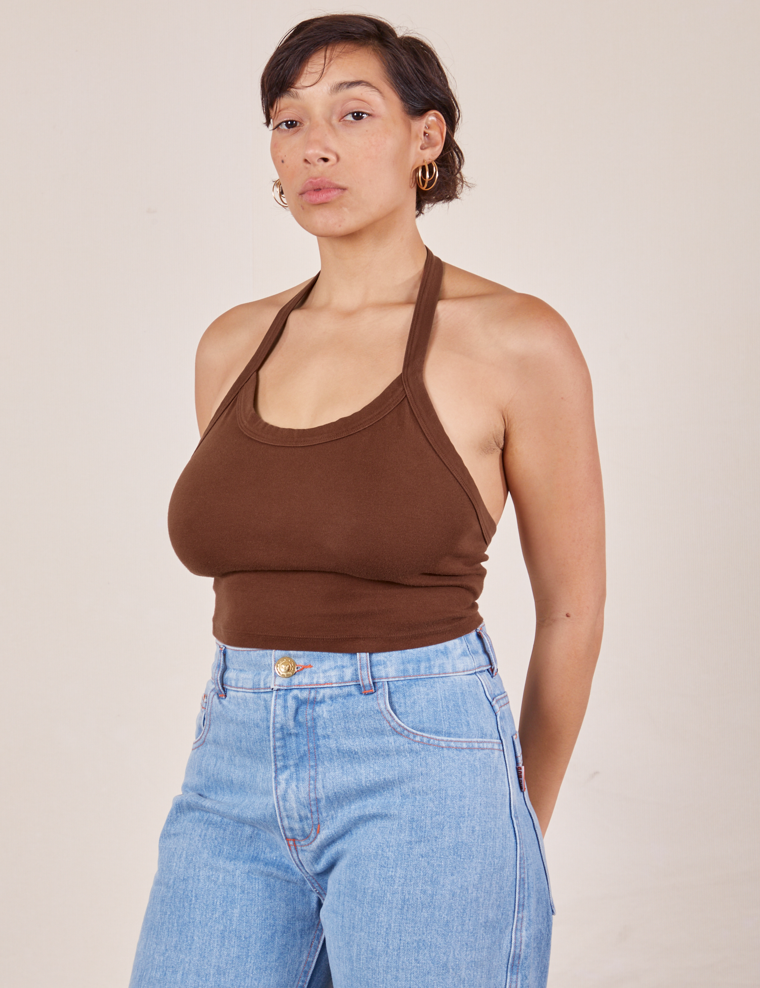 Sustainable Halter Style Fitted Tank Top - Brown - Pomelo Fashion