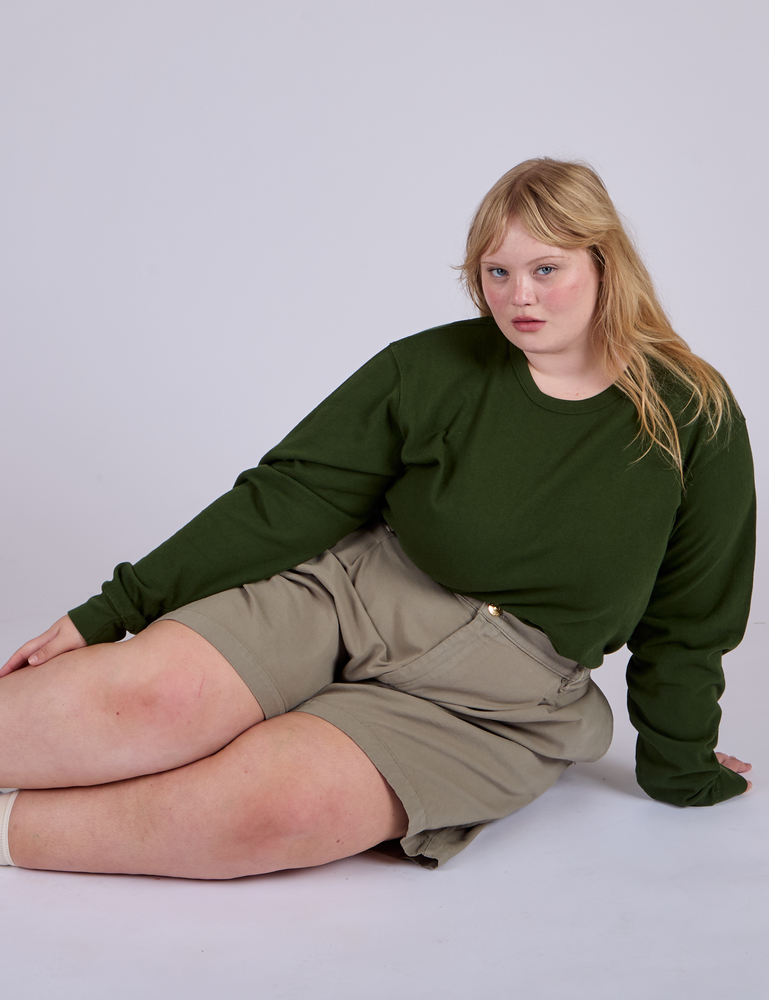 Pleated Trouser Shorts in Khaki Grey and Long Sleeve Burly Tee in Evergreen