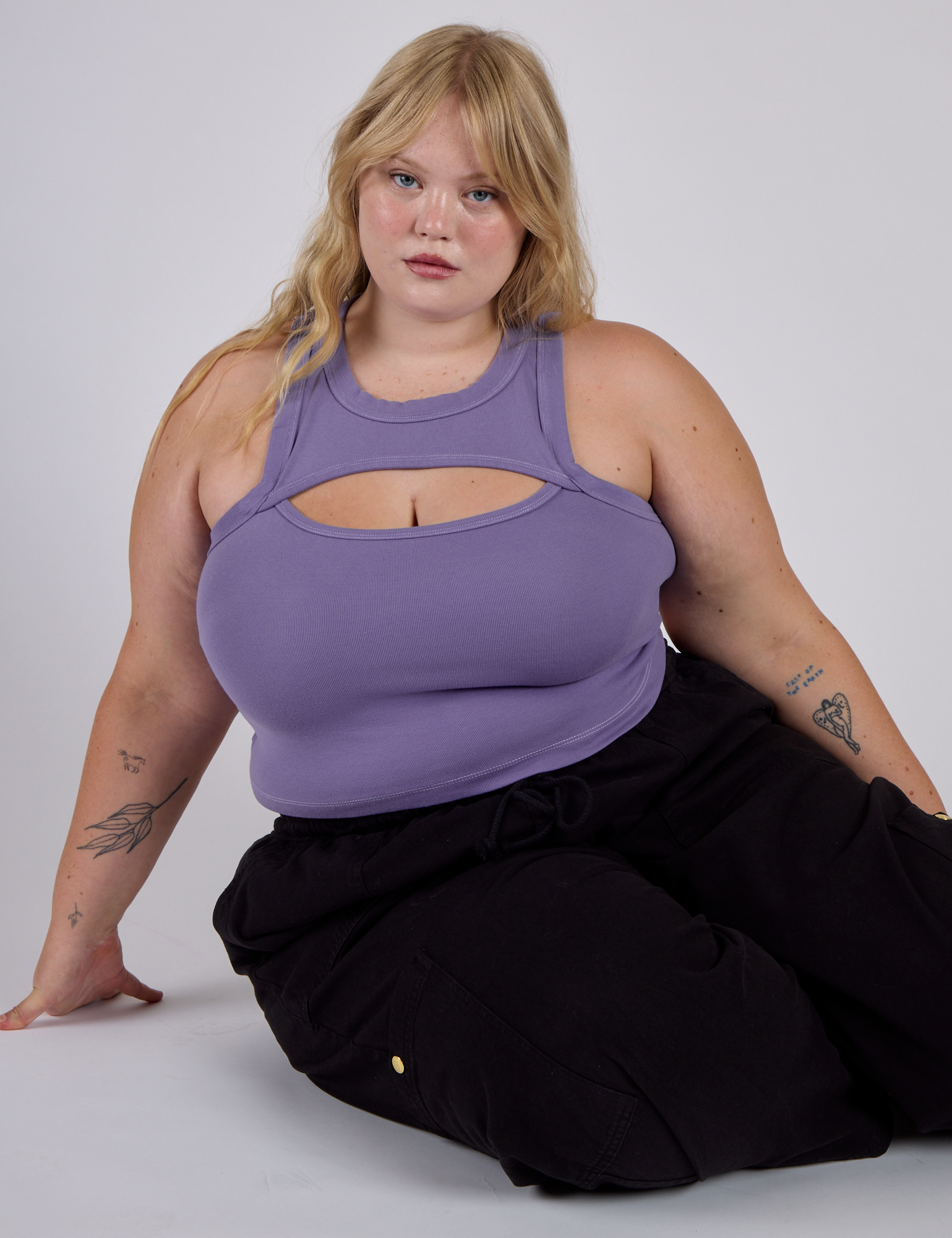 Juliet wearing the Faded Grape Porthole Tank