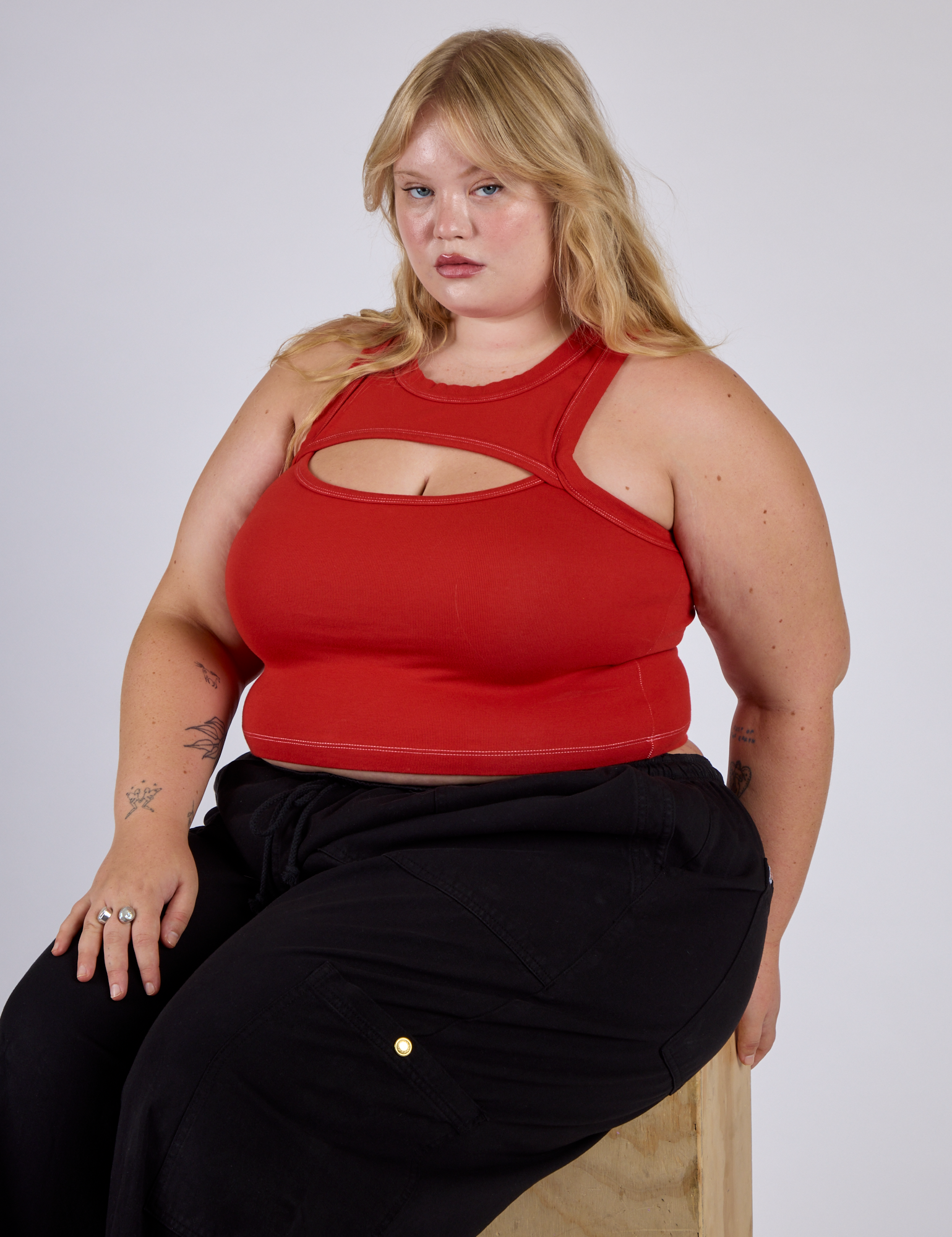 Juliet wearing the Mustang Red Porthole Tank