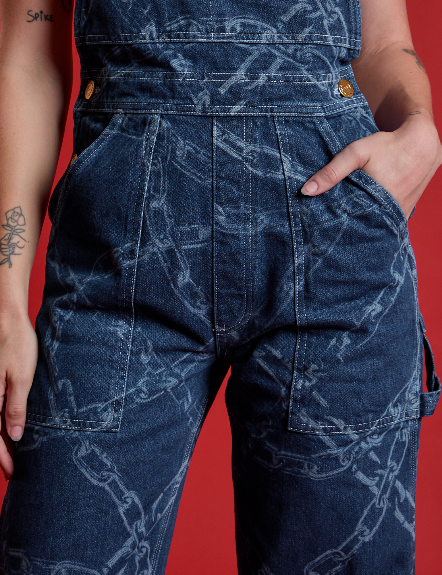 Carpenter Overalls in Chain Link close up on Alex