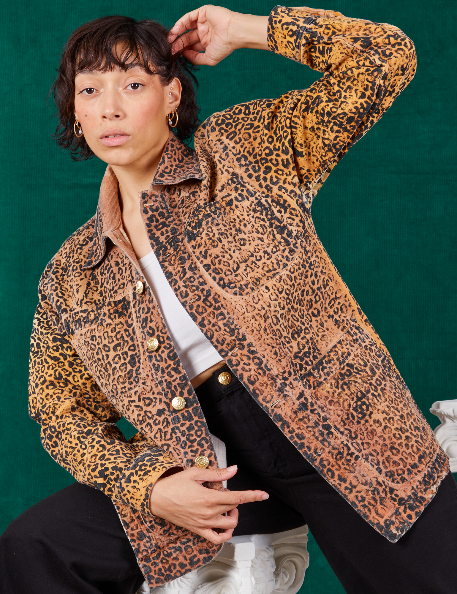 Tiara is wearing Field Coat in Leopard Print