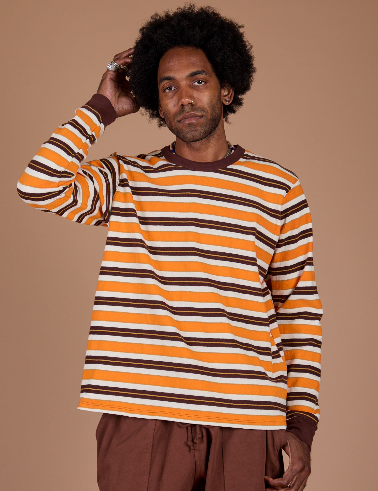 Long Sleeve Striped Burly Tee in Orange on Jerrod