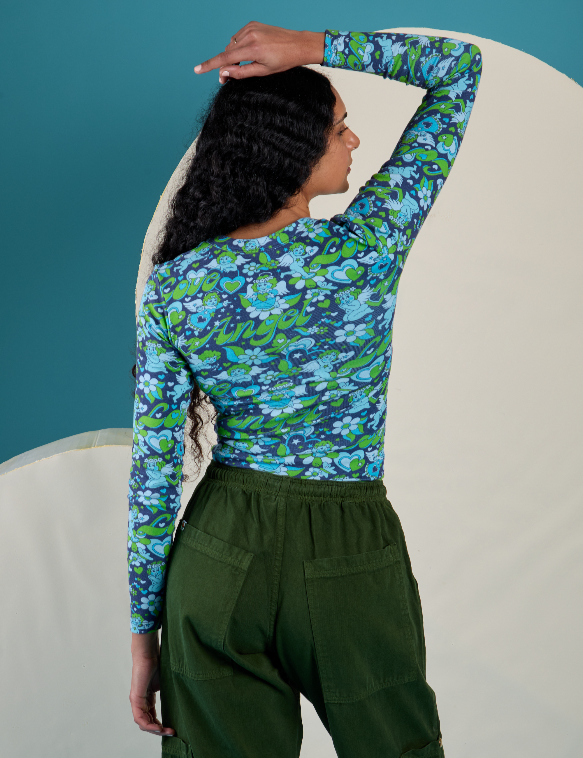 Long Sleeve Baby Tee in Angel Print back view on Shahana