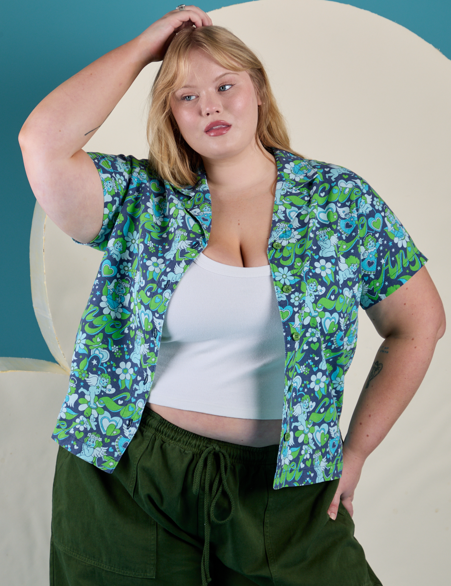 Angel Print Pantry Button-Up worn by Juliet