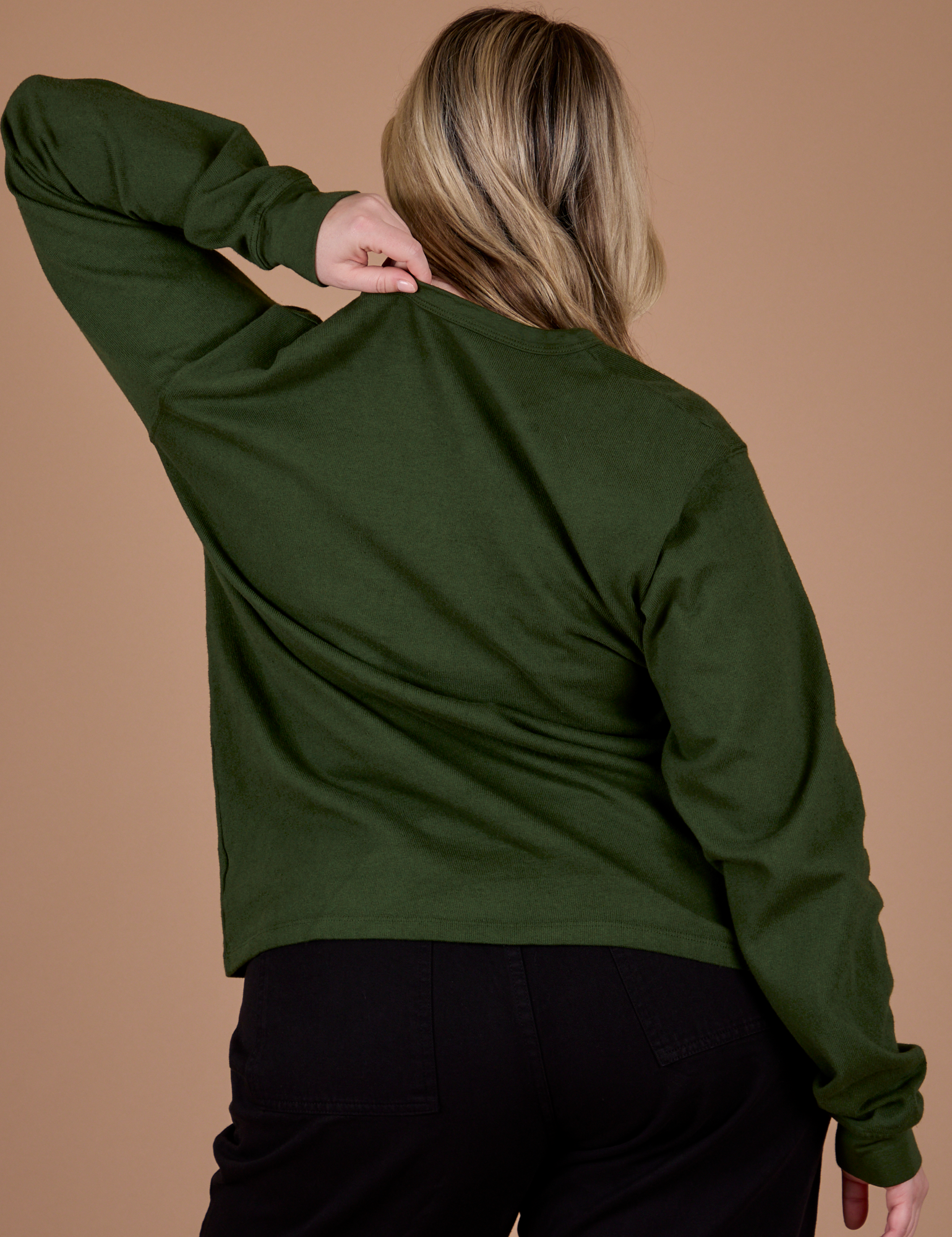 Long Sleeve Burly Tee in Evergreen back view on Lish
