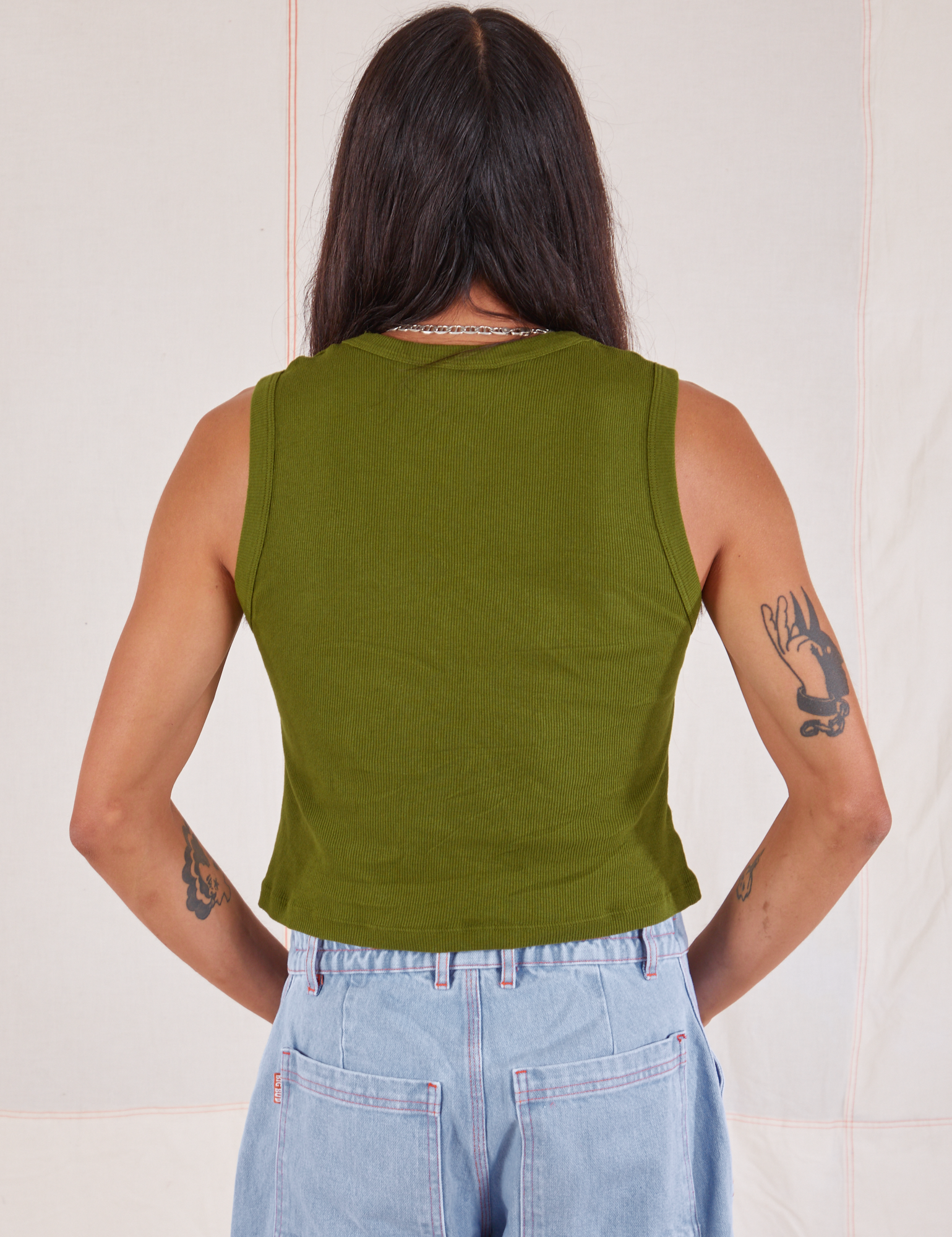 Muscle Tee in Summer Olive back view on Anthony