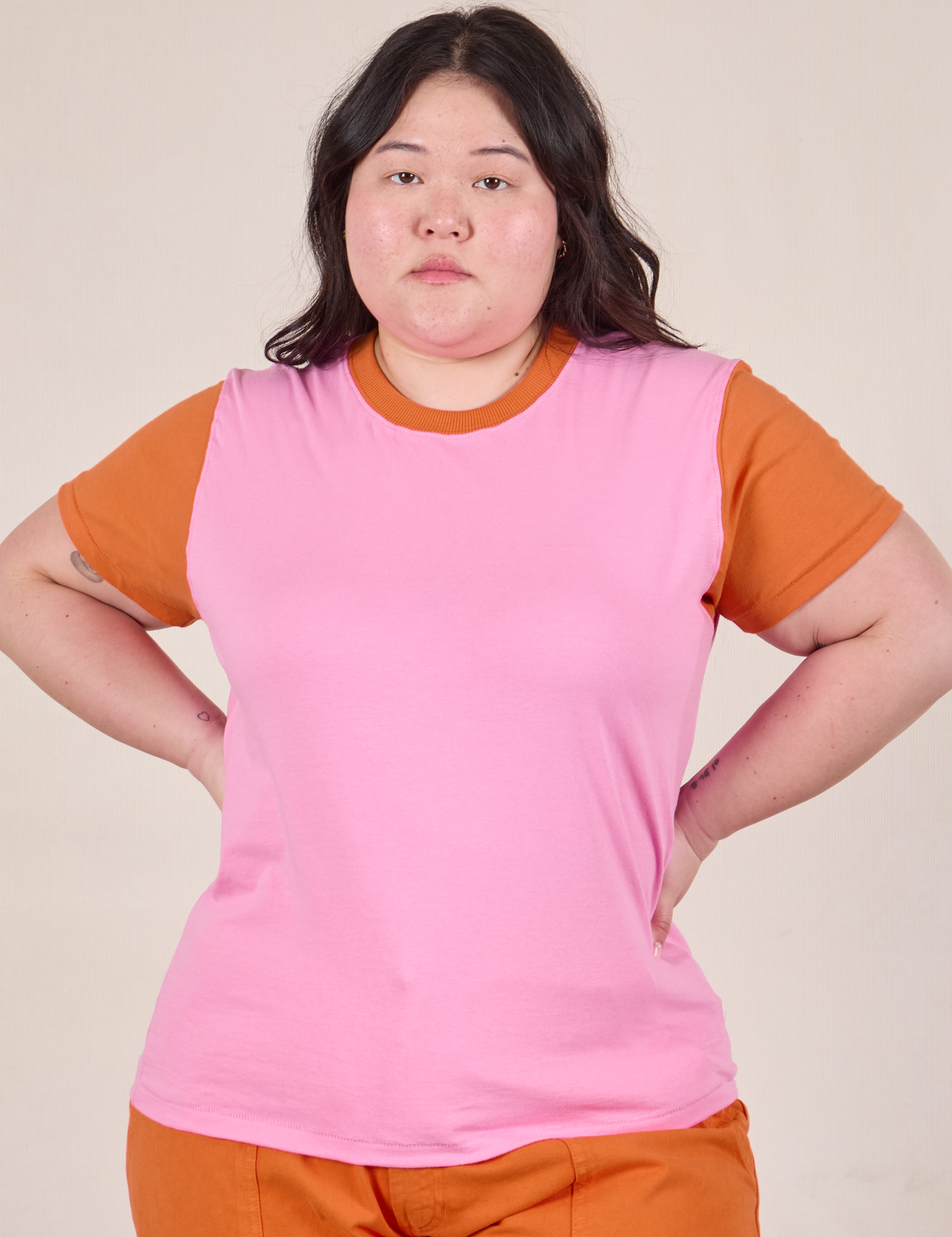 Mismatched Tee in Pink &amp; Orange worn by Ashley