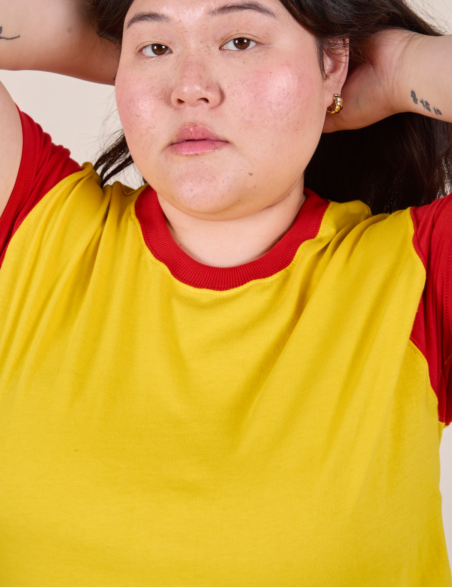 Mismatched Tee in Yellow &amp; Red front close up on Ashley