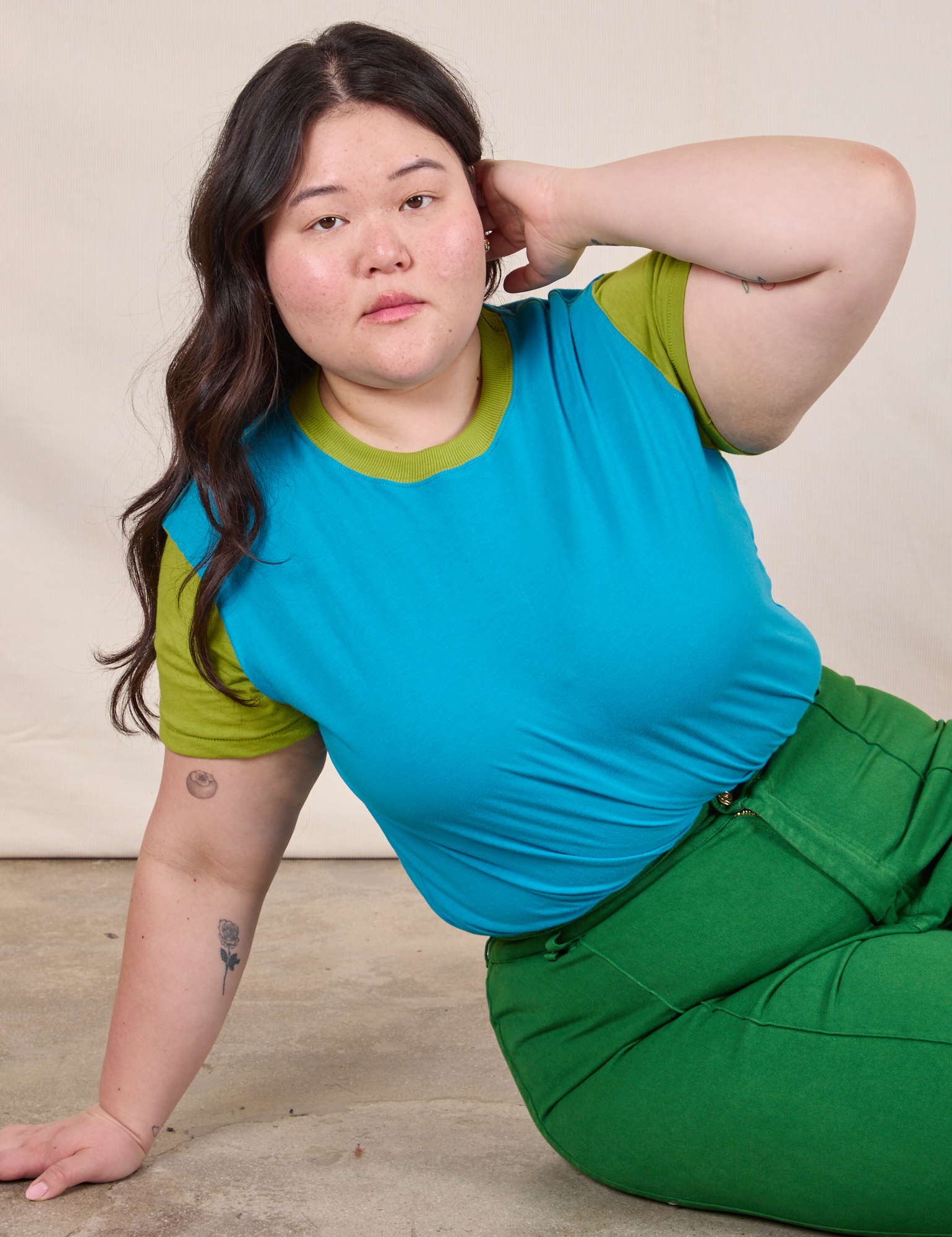 Mismatched Tee in Blue &amp; Green worn by Ashley