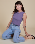 Muscle Tee in Faded Grape and light wash Carpenter Jeans on Alex
