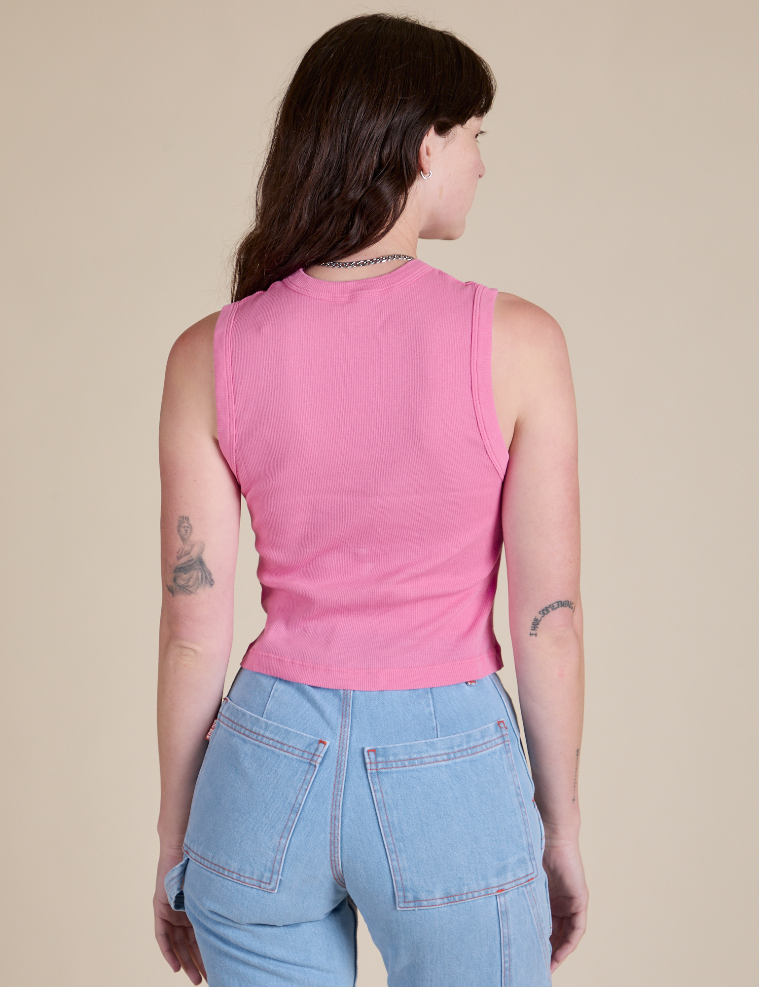 Muscle Tee in Bubblegum Pink back view on Alex