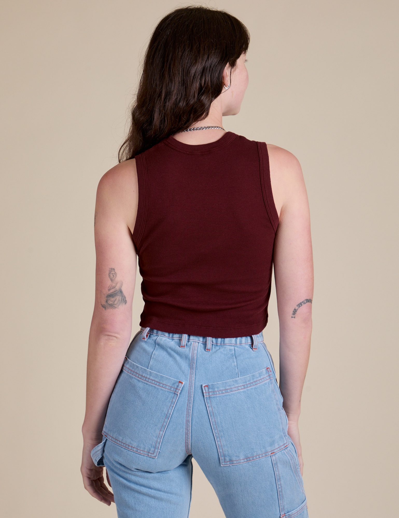 Muscle Tee in Red Wine back view on Alex