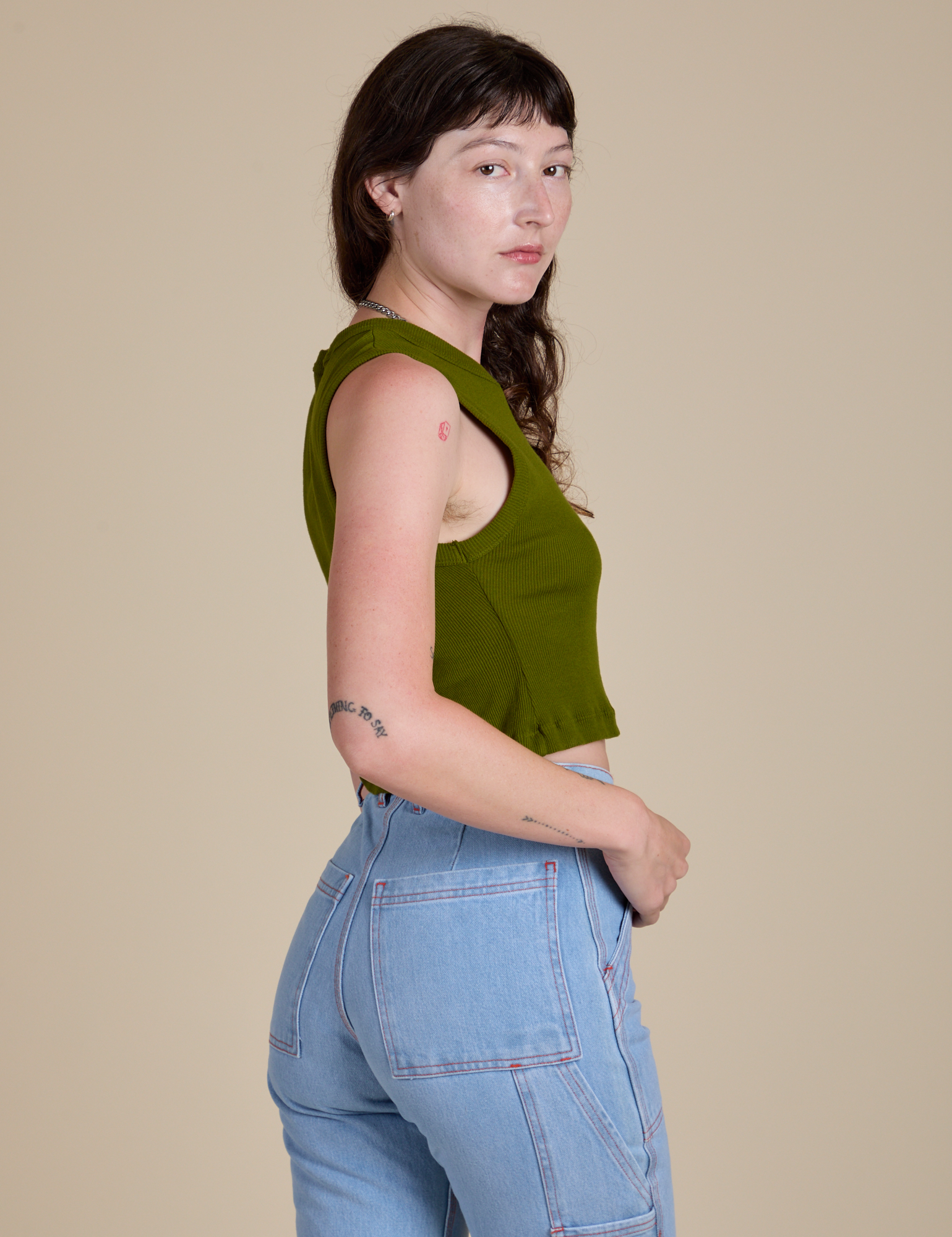 Side view of Muscle Tee in Summer Olive on Alex