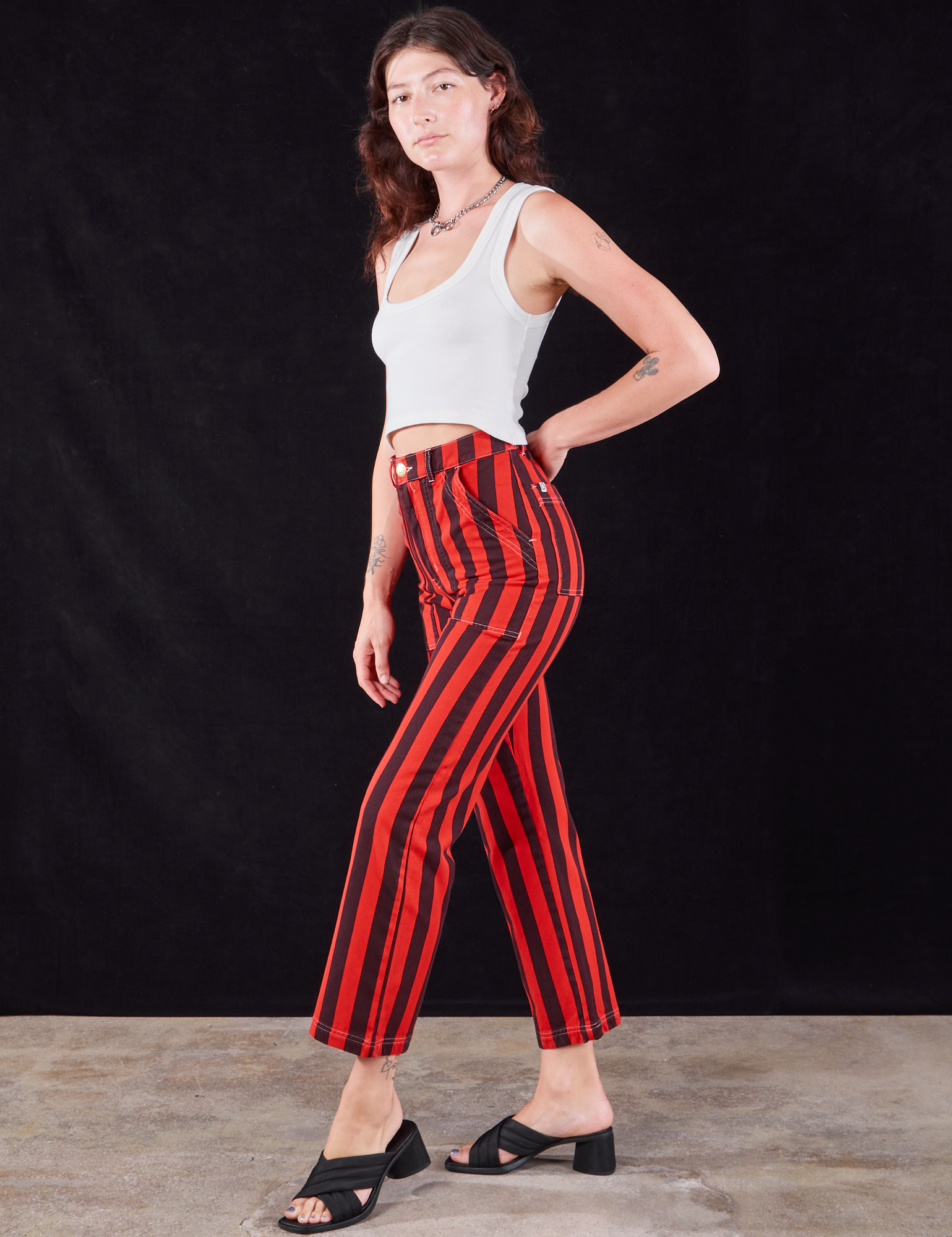 Black Stripe Work Pants in Mustang Red side view on Alex