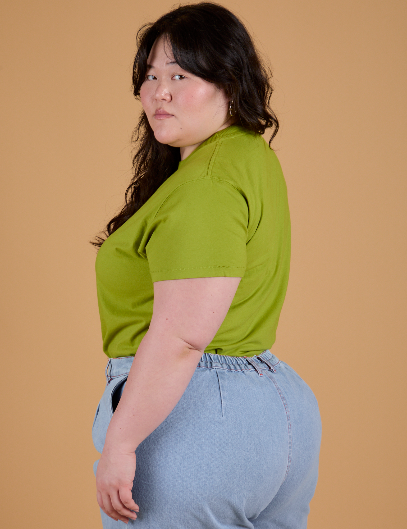 Organic Vintage Tee in Gross Green side view on Ashley