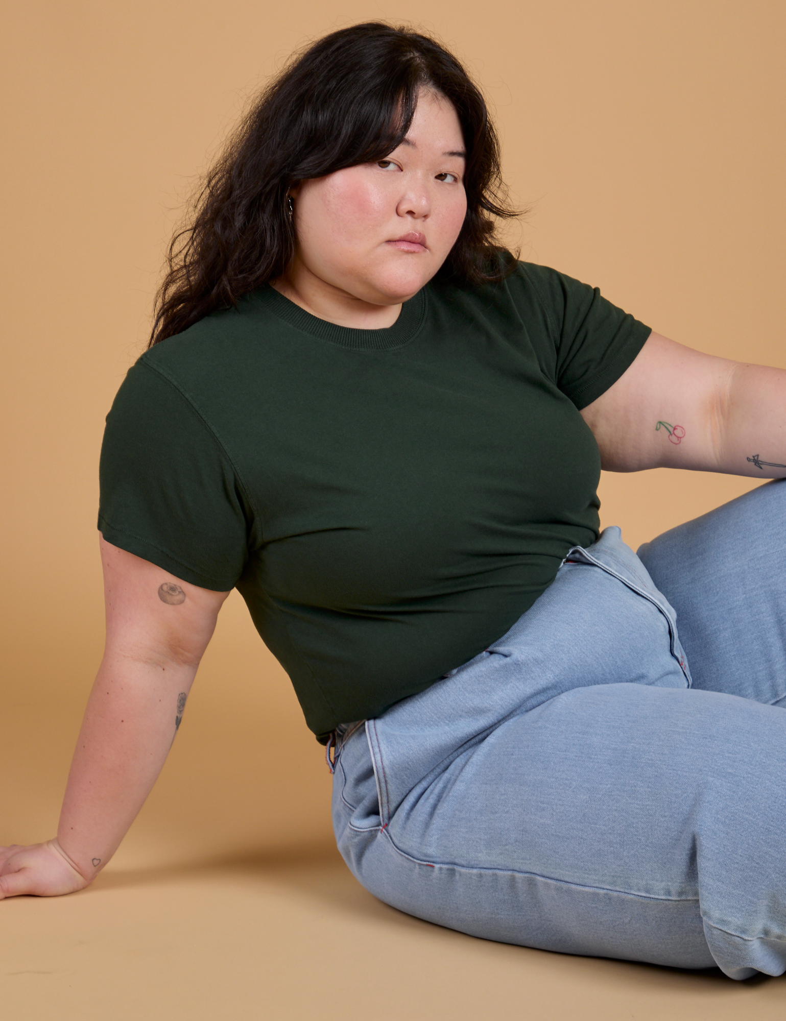 Organic Vintage Tee in Swamp Green worn by Ashley