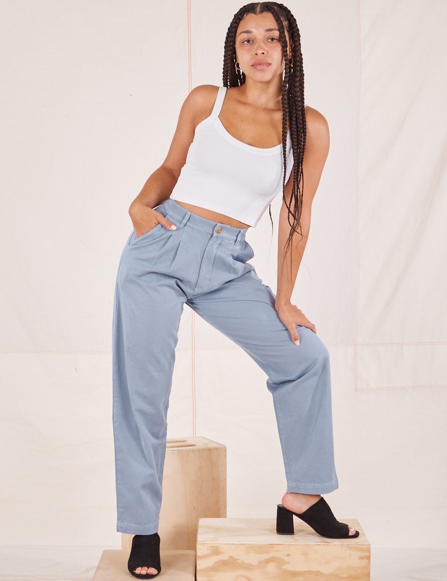Gabi is wearing Organic Trousers in Periwinkle and vintage off-white Cropped Cami