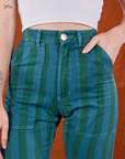 Overdye Stripe Work Pants in Blue/Green front close up on Alex