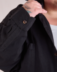 Twill Overshirt in Basic Black sleeve close up on Sam