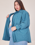 Side view of Oversize Overshirt in Marine Blue worn by Marielena